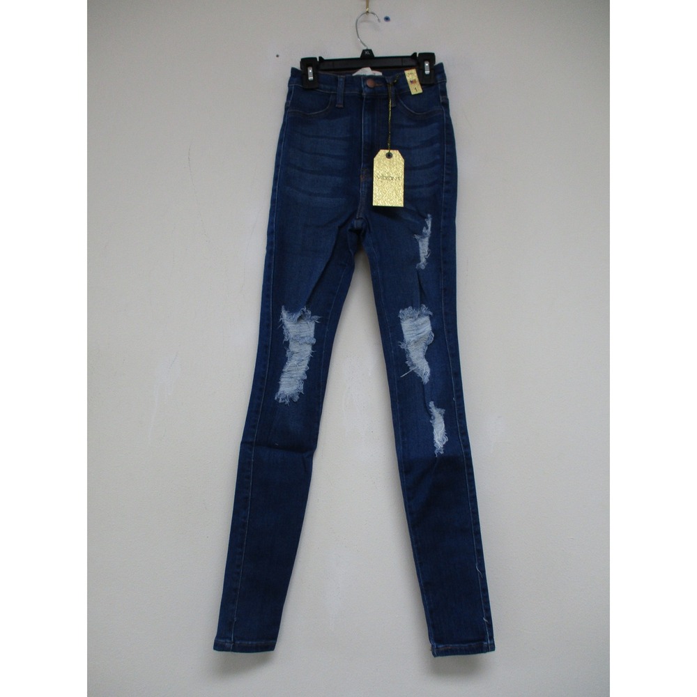 Vibrant Skinny Jeans Women 1 Dark Blue Distressed High Rise Ripped Stretch Denim